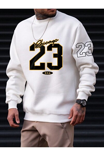 Mythologie 23 Chicago Thick Winter Sweatshirt - White Printed Oversized Crew ...