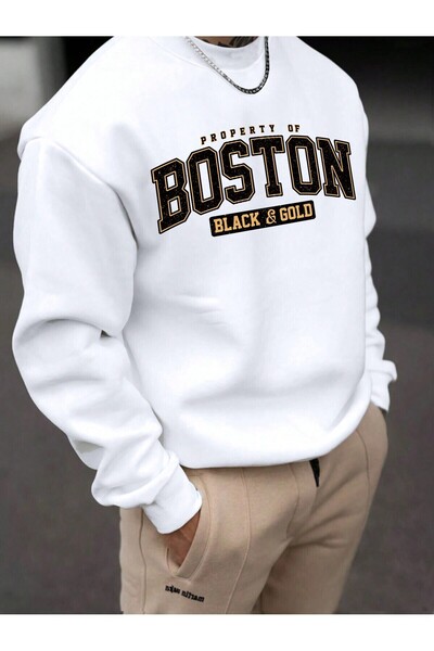 Mythologie Boston Black Gold Sweatshirt - White Printed Oversize Crew Neck
