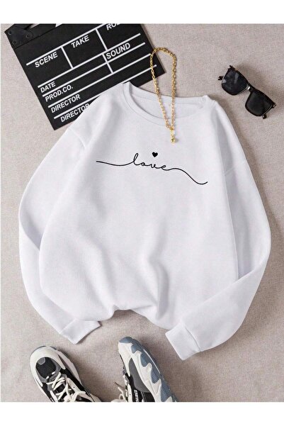 Mythologie Love Mini Heart Thick Winter Sweatshirt - White Printed Oversized ...