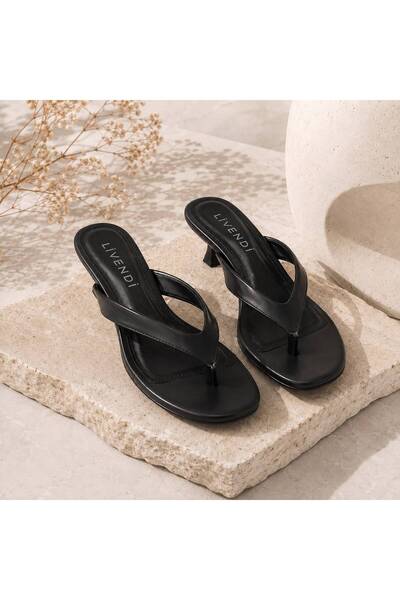 livendi Black Leather Flip-Flop Heeled Slippers Orthopedic Women's Sandals