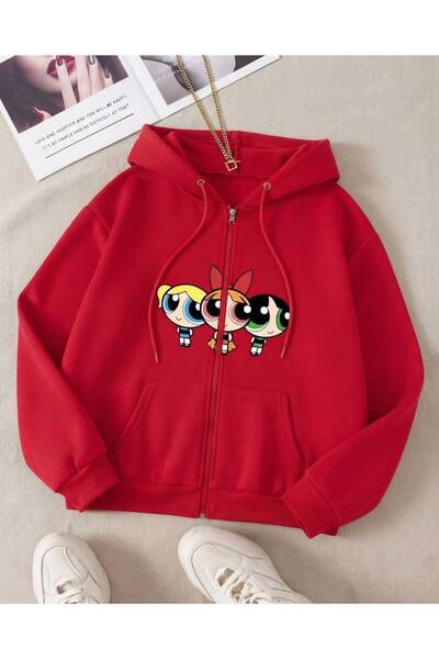 nesebutik Powerpuff Girls Baskılı Fermuarlı Kapşonlu Sweatshirt