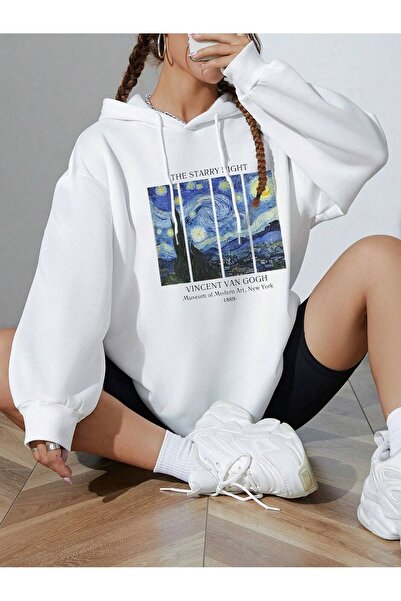 Mythologie Starry Night Thick Winter Sweatshirt - White Printed Oversized Hoo...