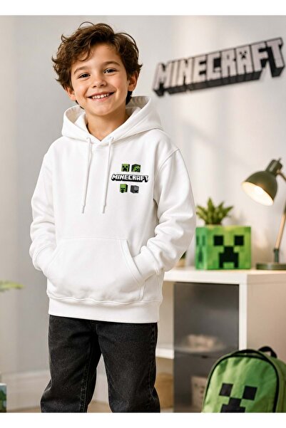 Mavi M6S10189 Hanorac cu glugă pentru copii cu imprimeu Minecraft ALB