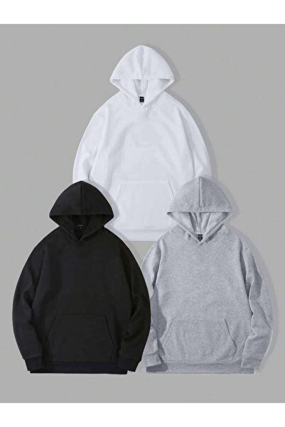 Mythologie 3-Pack Basic Plain Thick Winter Sweatshirt - Black White Gray Over...