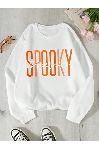 Mythologie Spooky Season Winter Sweatshirt - White Printed Oversize Crew Neck