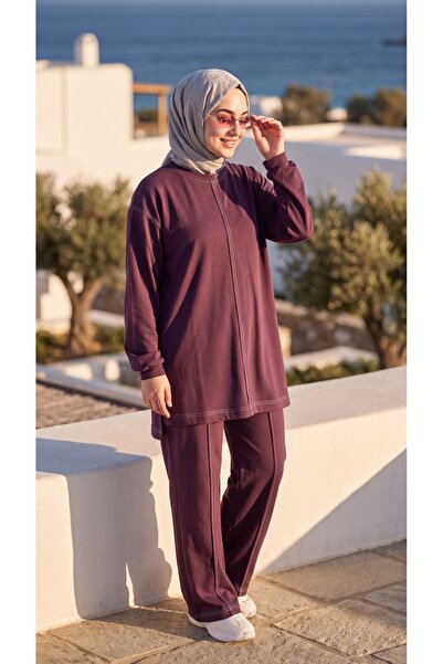 Wovi Moda Women's Cycling Collar Hijab Tracksuit Set with Stitching Details