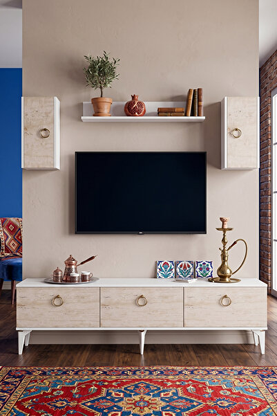 YUMEDİ DESİGN TVRB8001BT - DEMET TV ÜNİTESİ TAKIMI 180CM BEYAZ-TRAVERTEN