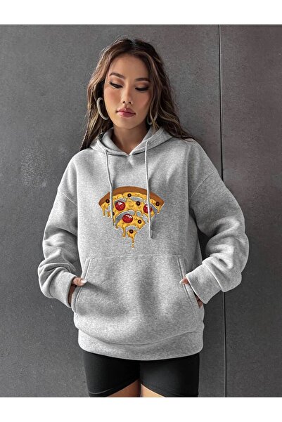 Mythologie Thick Winter Unisex Gray Pizza Slice Printed 3 Thread Threaded Hoo...
