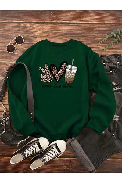 Mythologie Peace Love Coffee Thick Winter Sweatshirt - Nefti Green Printed Ov...