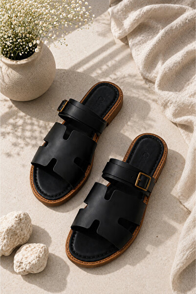 ASTEMİA Women's Buckle Daily Double-Strapped Comfortable Flat Sole Slippers