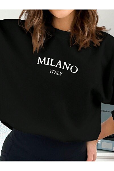 Mythologie Milano Italy Thick Winter Sweatshirt - Black Printed Oversized Cre...
