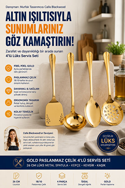 Transformacion 4'lü Servis Seti 26 cm Lüks Metal Spatula Kepçe Kevgir Kaşık E...
