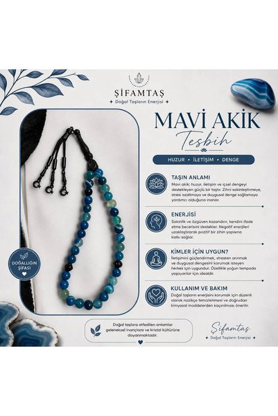 ŞİFAMTAŞ Blue Agate Natural Stone Prayer Beads