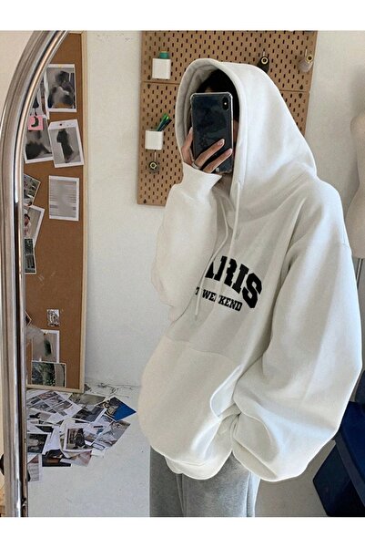 Mythologie Paris Weekend Thick Winter Sweatshirt - White Printed Oversized Ho...
