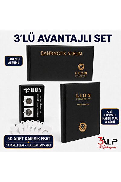 3Alp Koleksiyon Lion Küçük Boy 72 Gözlü Madeni Metal Para Albümü, 50 Kapama v...