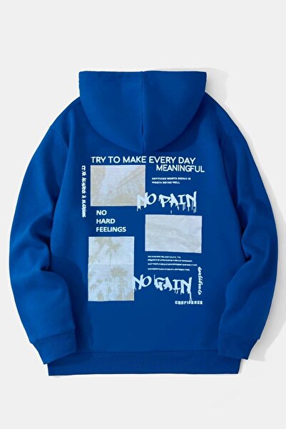 Mythologie No Pain No Gain Thick Winter Sweatshirt - Sax Blue Printed Oversiz...