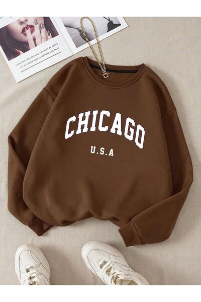 Mythologie Chicago U.S.A Thick Winter Sweatshirt - Brown Printed Oversized Cr...