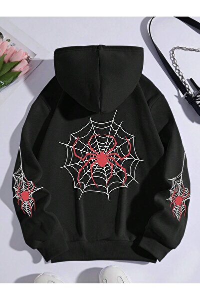 Mythologie Spider Sleeve Detail Thick Winter Sweatshirt - Black Printed Overs...