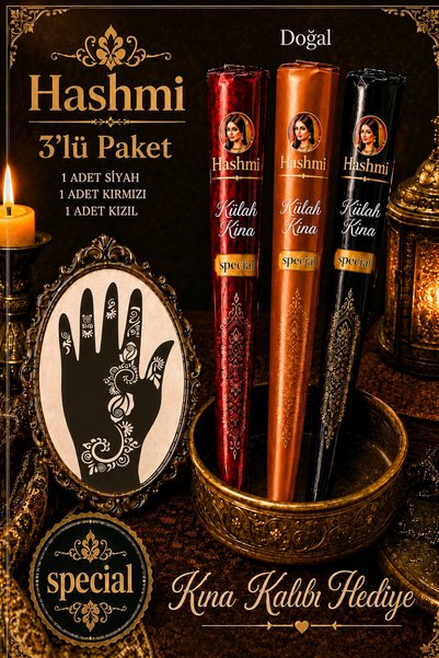 hennadibace 3'lü 3 Renk Külah Hint Kınası + 1 şablon (kına kalıbı) hediye - H...