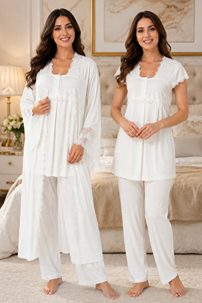 by İGP Long Robe with Lace Trim Maternity Pajama Set Effortt