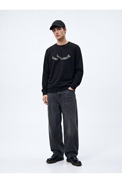 Ltb Regular Fit Sign Printed Crew Neck Black Sweatshirt