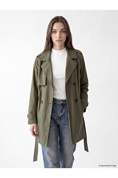 LC Waikiki Lcw Modest Khaki Double-Breasted Collar Belted Women's Trench Coat