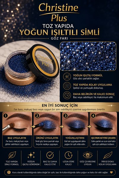 Christine Plus Intense Shimmer Glitter Eyeshadow in Powder Form – Dark Metallic Blue No:128 (Eyeshadow)