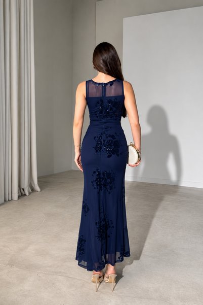 mielva Women's Navy Blue Glittery Floral Embroidered Transparent Detailed Maxi Tulle Dress with Belt on the Front