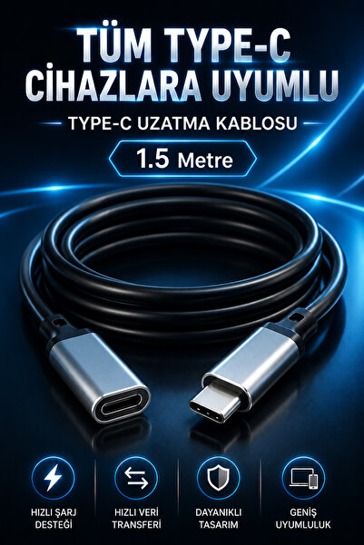 nelerbulurum 1.5 Metre Type-C Uzatma Kablosu USB-C Erkek Dişi Kablo Tüm Type-...