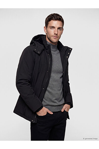 LC Waikiki Vizyon New Season Black Regular Fit Hooded Men's Coat