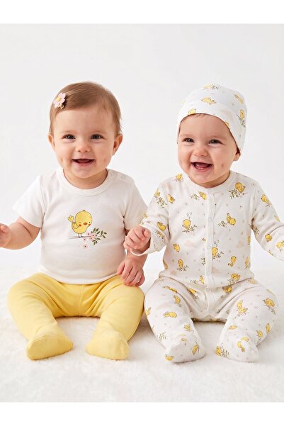 Kids Kingdom Cotton Chick Detailed Baby Girl 4-Piece Bodysuit Set White Yellow