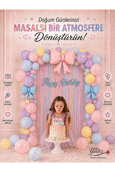 Genel Markalar Pastel Fiyonk Temalı Doğum Günü Süsleme Seti 75 Balon Renkli P...