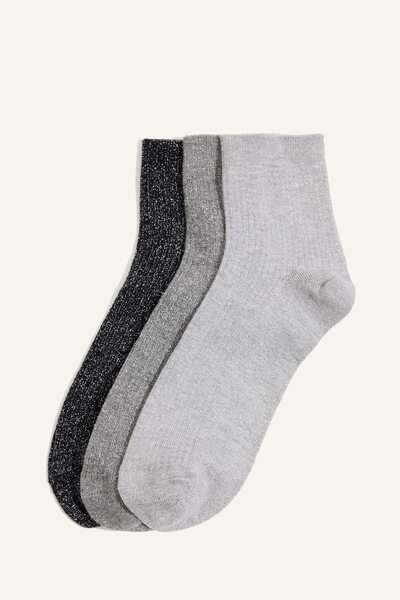 DeFacto Women's Silvery Glitter 3-Piece Cotton Socks Set H5600Axns