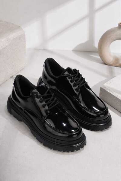 Mhoda Shoes Premium Comfortable Lace-Up Moccasin Shoes Black Patent Leather