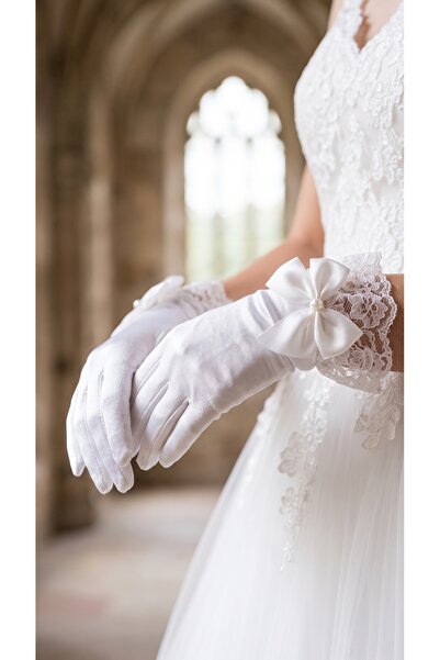 Massaltay Aden Pearl Bow Detailed Lace Bridal Gloves Satin Look Wedding Engag...