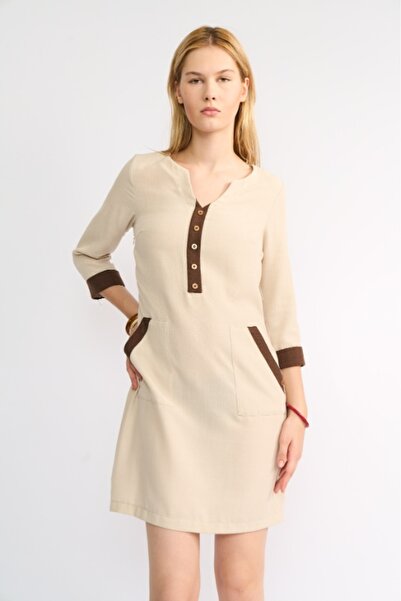 Volanlı Summer Beige-Brown Linen Dress