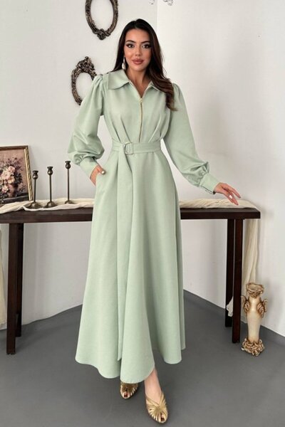 SEREMONİ BUTİK Mint Pleated Front Zipper Dress