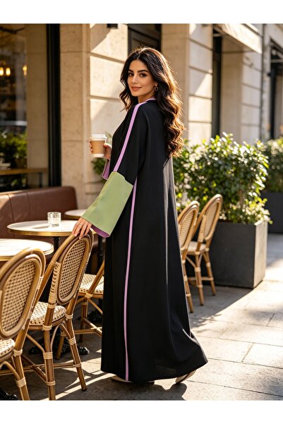 Noon Noora Stylish Abaya Robe with Featured Patchwork Sleeves and Cardigan Coat