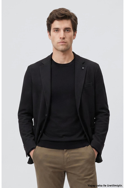 Network Siyah Slim Fit Armür Desen Örme Ceket