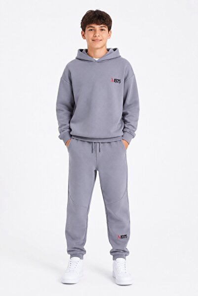 Cansın Mini Gray Boy's Hooded Sweatshirt Set with Back Print Detail 24684