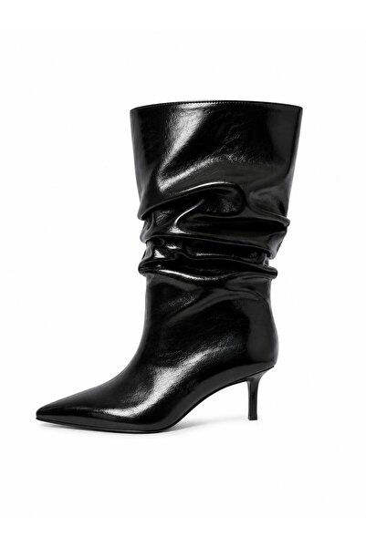 LOJO Дамски ботуши Elise Black с остър връх, подплата и висок ток до коляното