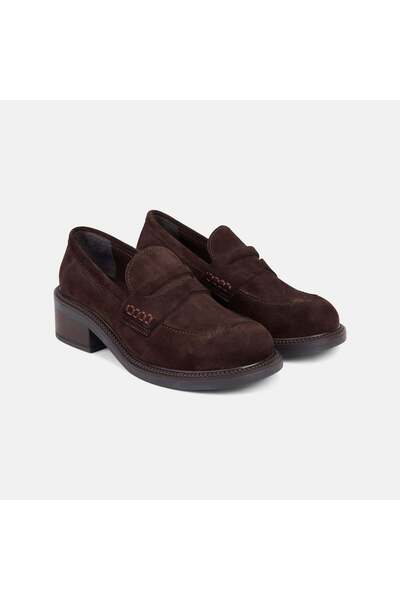 Desa Women's Bitter Brown Round Toe Thick Heeled Suede Loafer