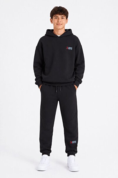 Cansın Mini Black Boy's Hooded Tracksuit Set with Back Print Detail 24683