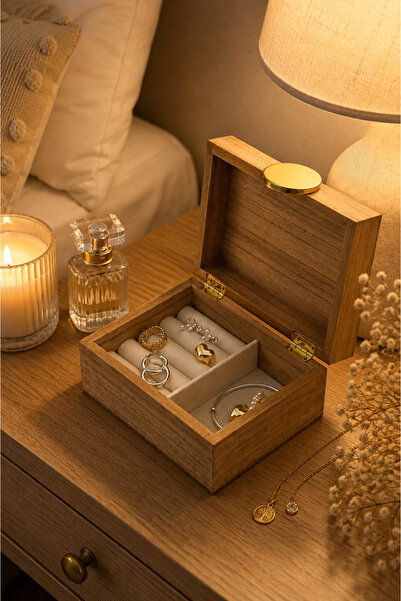 PUPSI Wooden jewelry box with compartments and lid, organizer for rings, brac...