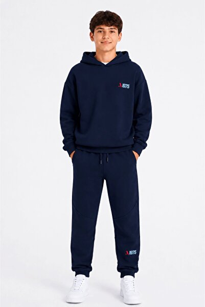 Cansın Mini Navy Blue Boy's Hooded Sweatshirt Set with Back Print Detail 24685