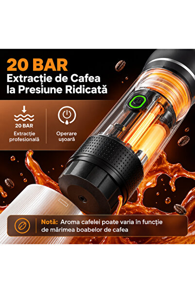 ellitiq Espressor portabil 3 in 1 Ellitiq, capsule Nespresso, Dolce Gusto si cafea macinata, 20 Bar, 7500mAh, Incalzire automata, fara fir, Negru