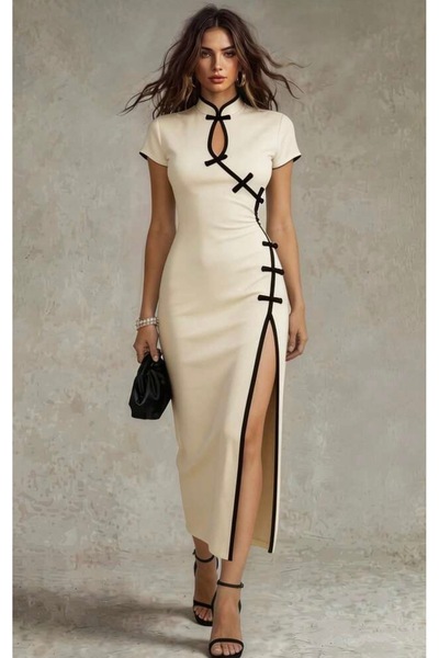 Köstebek Mandarin Collar Black Striped Qipao Style Dress