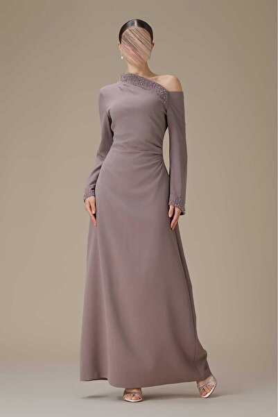 Rama One Shoulder Long Evening Dress with Shiny Embroidery
