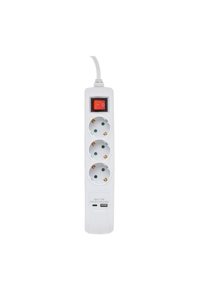 Avec Prelungitor Alb cu 3 Prize, 2 USB și USB-C, 3680W, Cablu 1,2 m