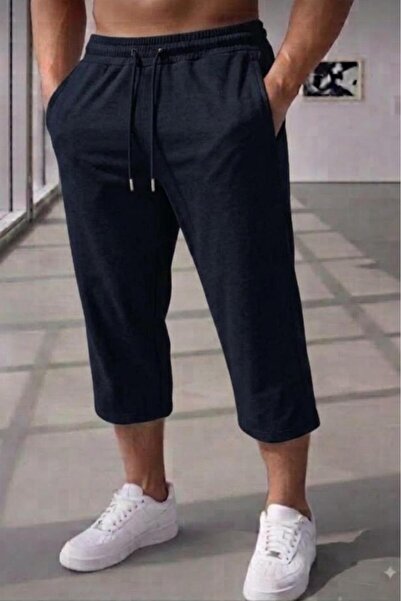 CAST COLLECTİON Men's Navy Blue Capri Below-Knee Combed Cotton Shorts
